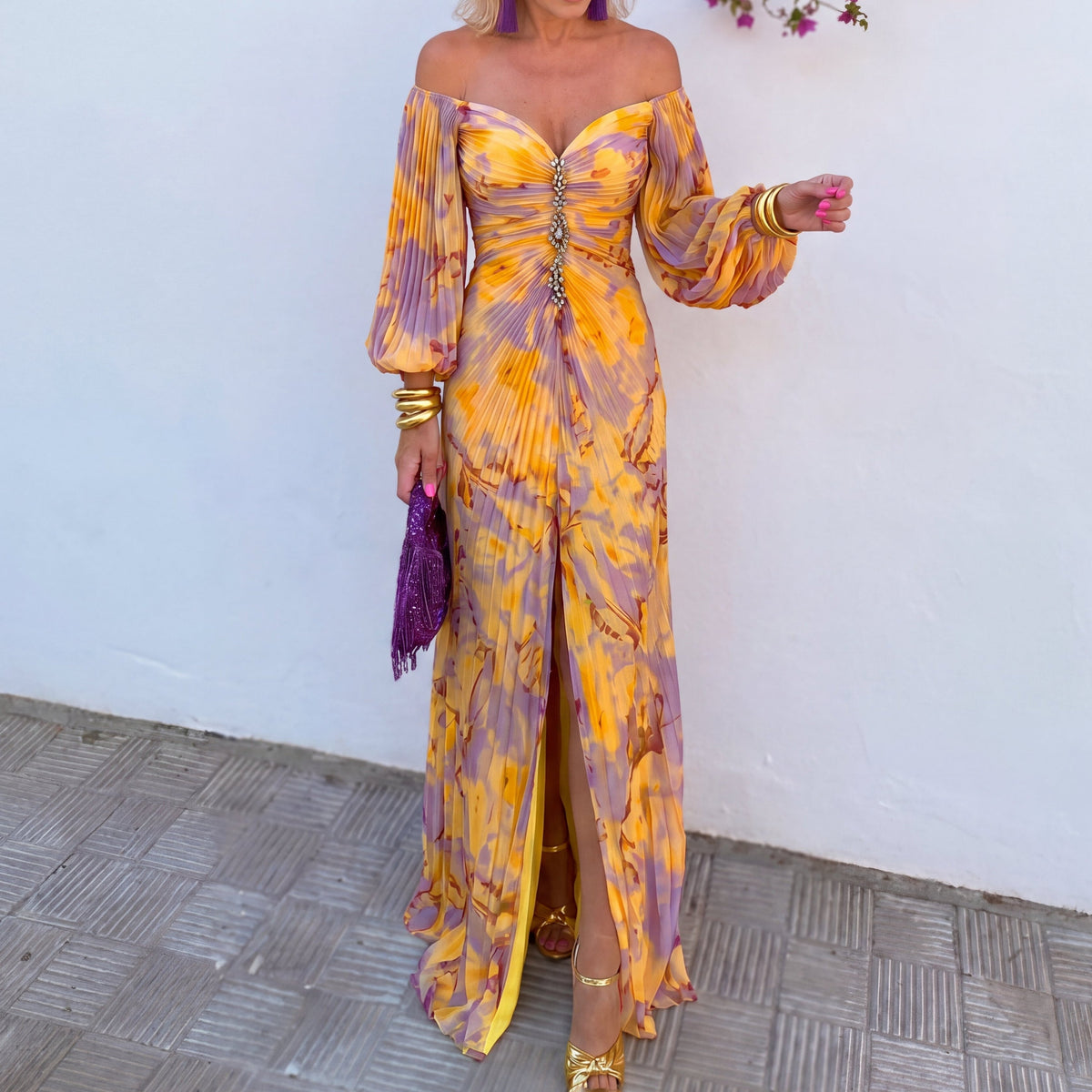 Vestido Largo Floral con Estampado - Amarillo