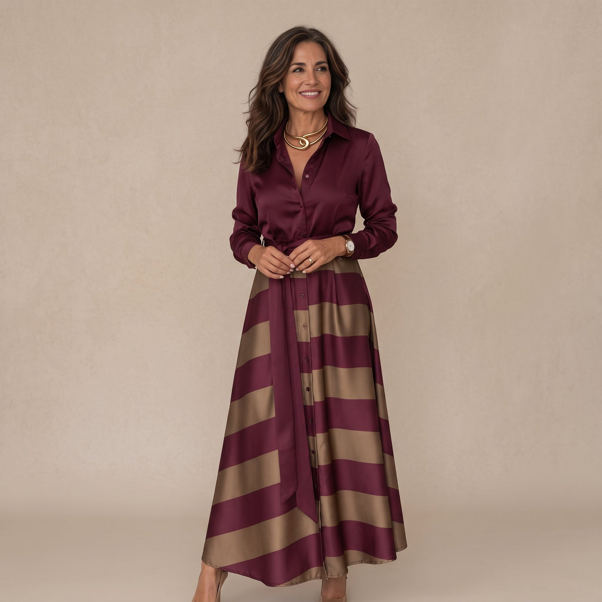 Vestido Camisero a Rayas con Cinturón - Granate
