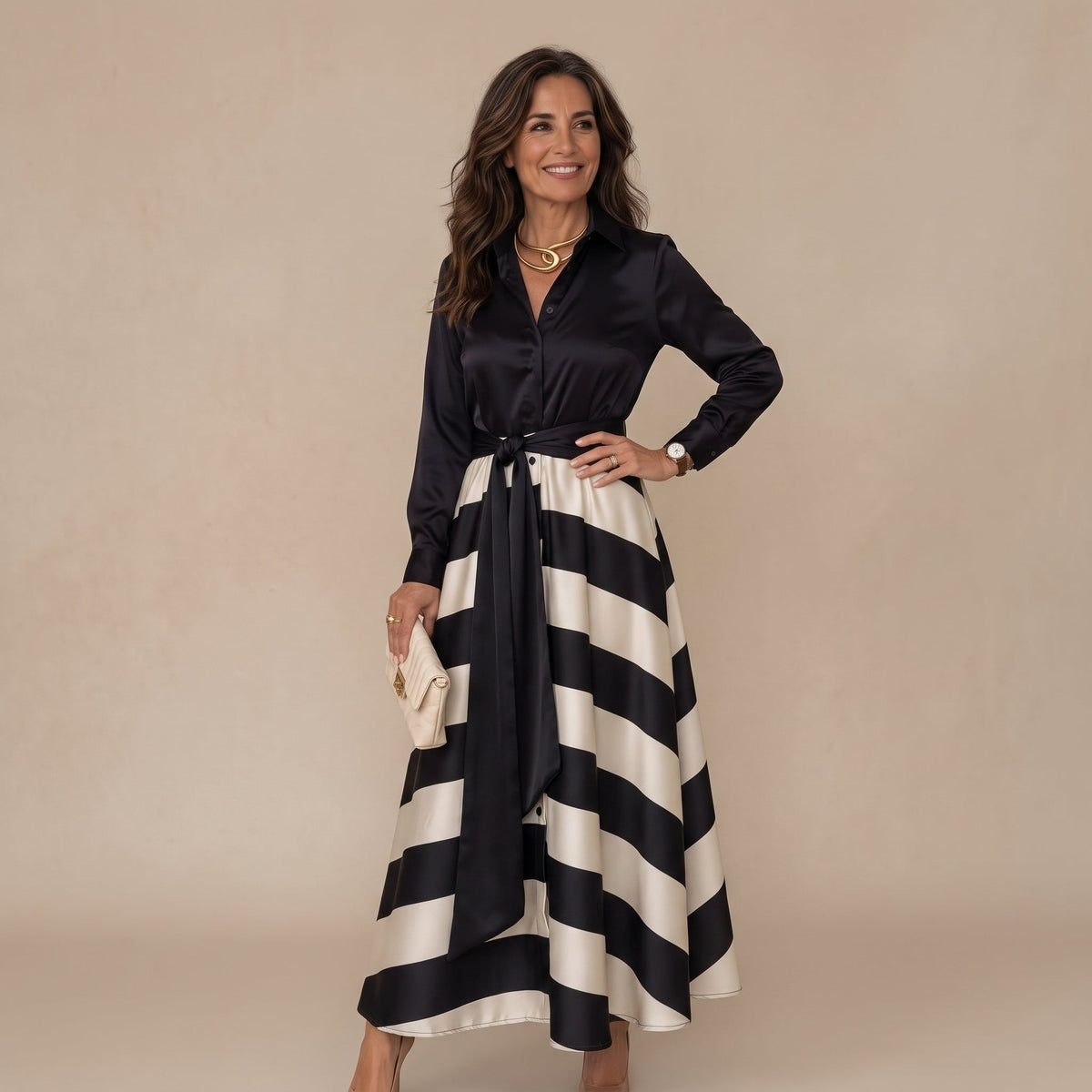 Vestido Camisero a Rayas con Cinturón - Negro