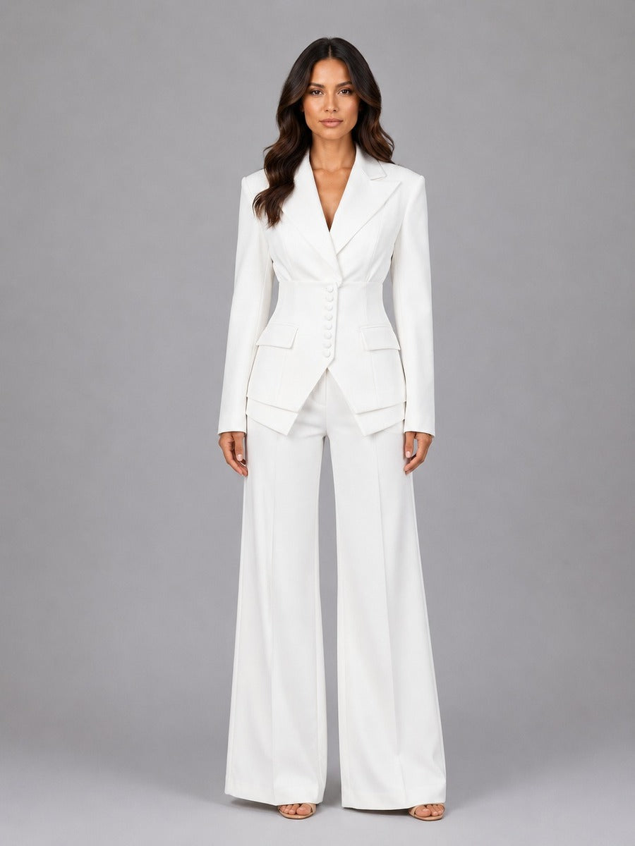 Conjunto de Dos Piezas con Blazer Entallado y Pantalón Palazzo - Blanco
