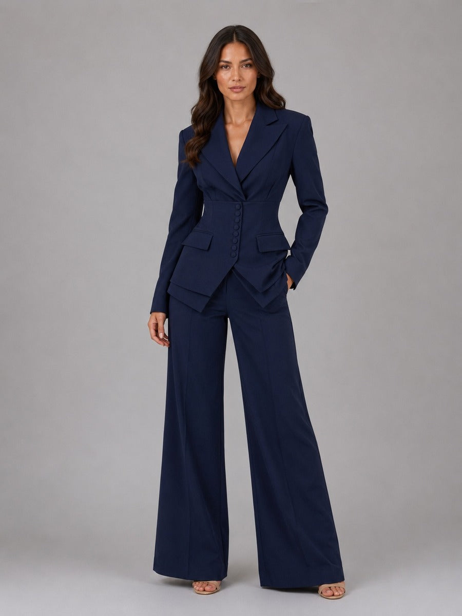 Conjunto de Dos Piezas con Blazer Entallado y Pantalón Palazzo - Azul marino