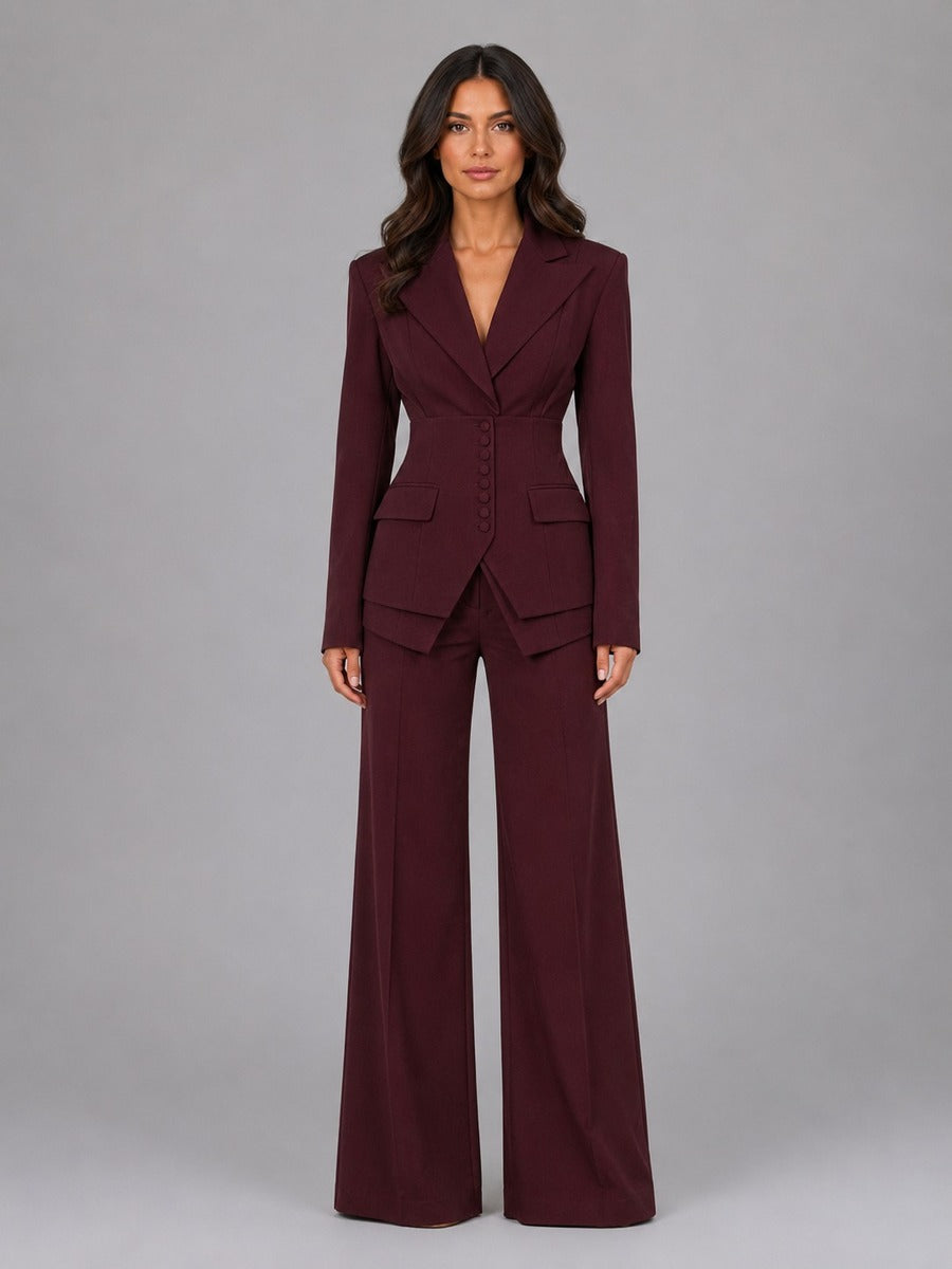 Conjunto de Dos Piezas con Blazer Entallado y Pantalón Palazzo - Burdeos