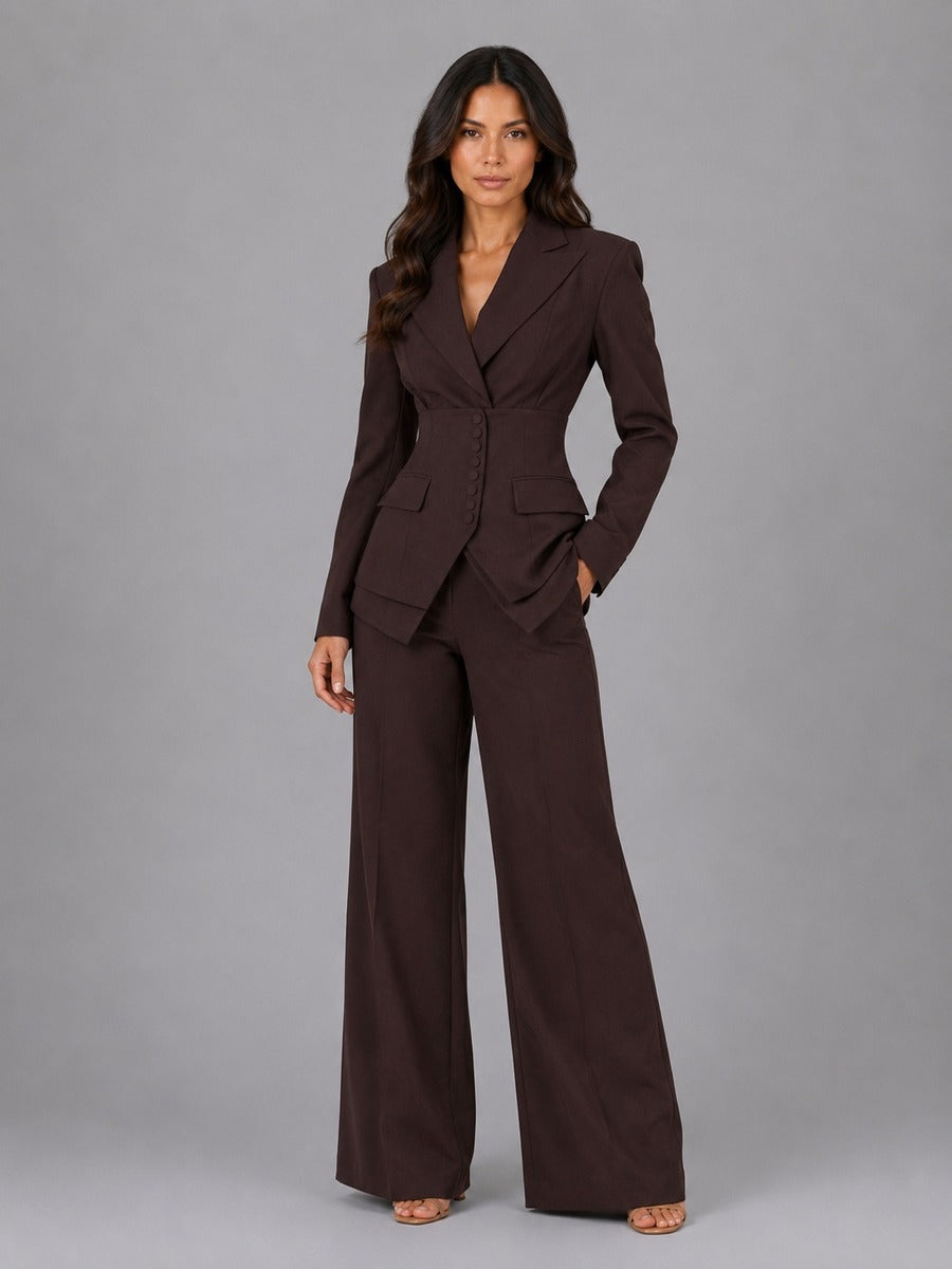 Conjunto de Dos Piezas con Blazer Entallado y Pantalón Palazzo - Café