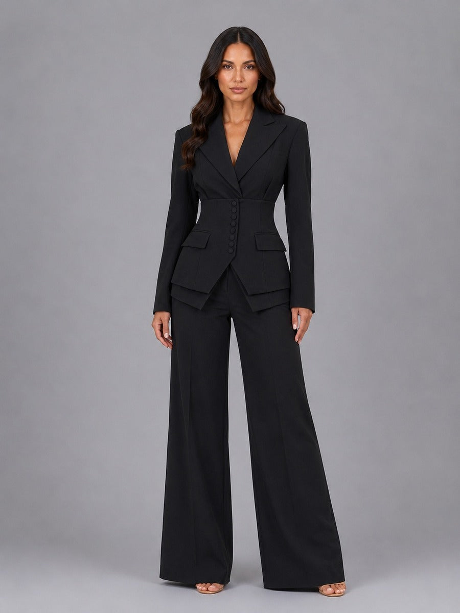 Conjunto de Dos Piezas con Blazer Entallado y Pantalón Palazzo - Negro