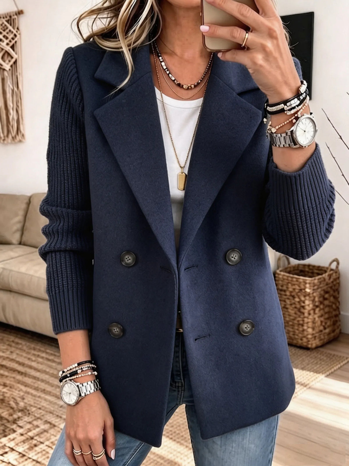 Blazer Elegante con Mangas de Punto - Azul