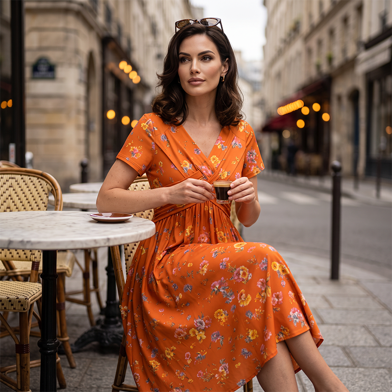 Vestido Floral con Escote en V y Detalle Cruzado en la Cintura