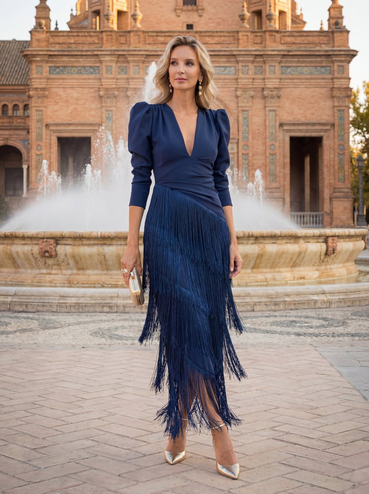 Vestido Midi de Flecos con Escote en V - Azul