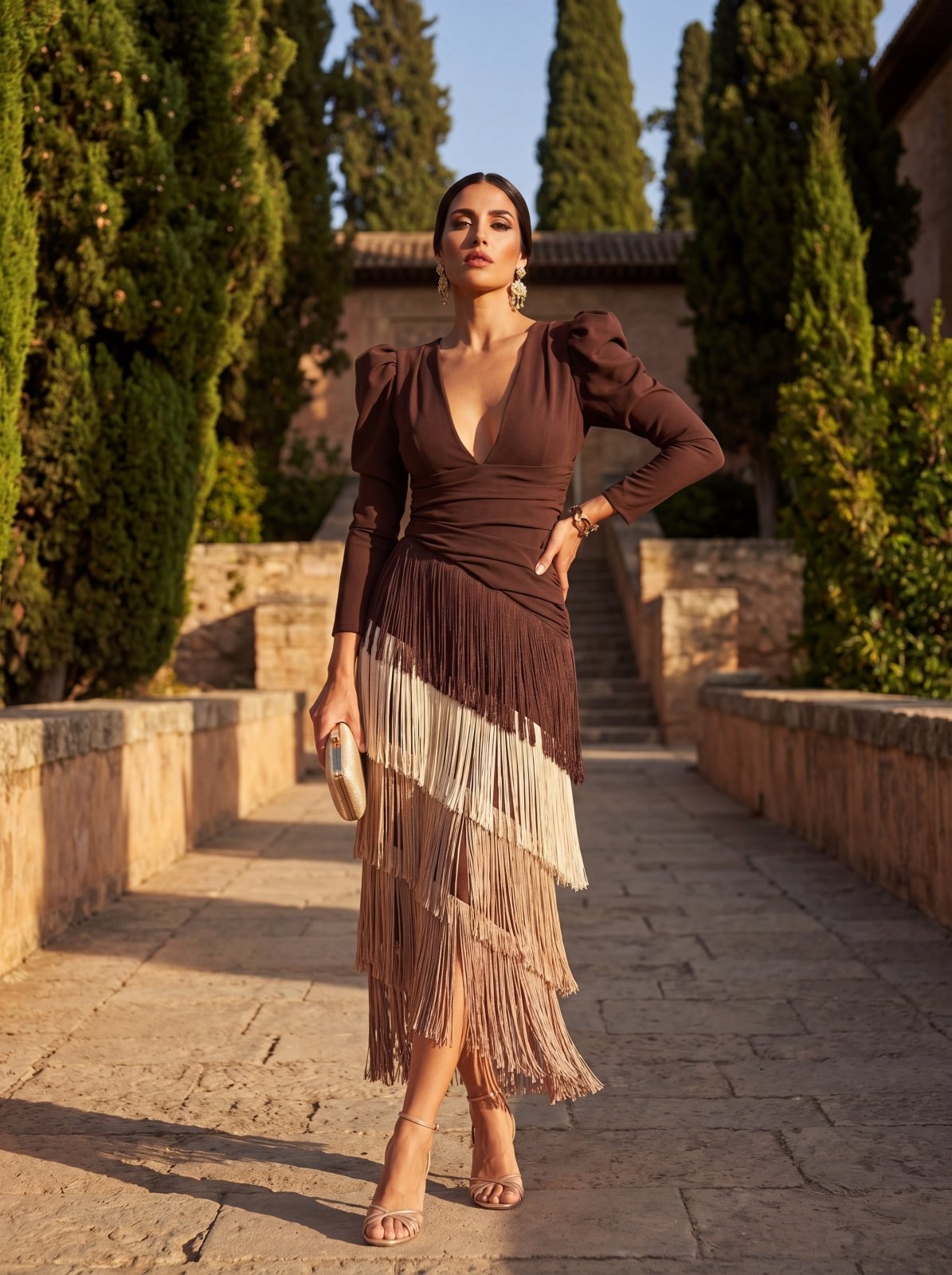 Vestido Midi de Flecos con Escote en V - Marrón