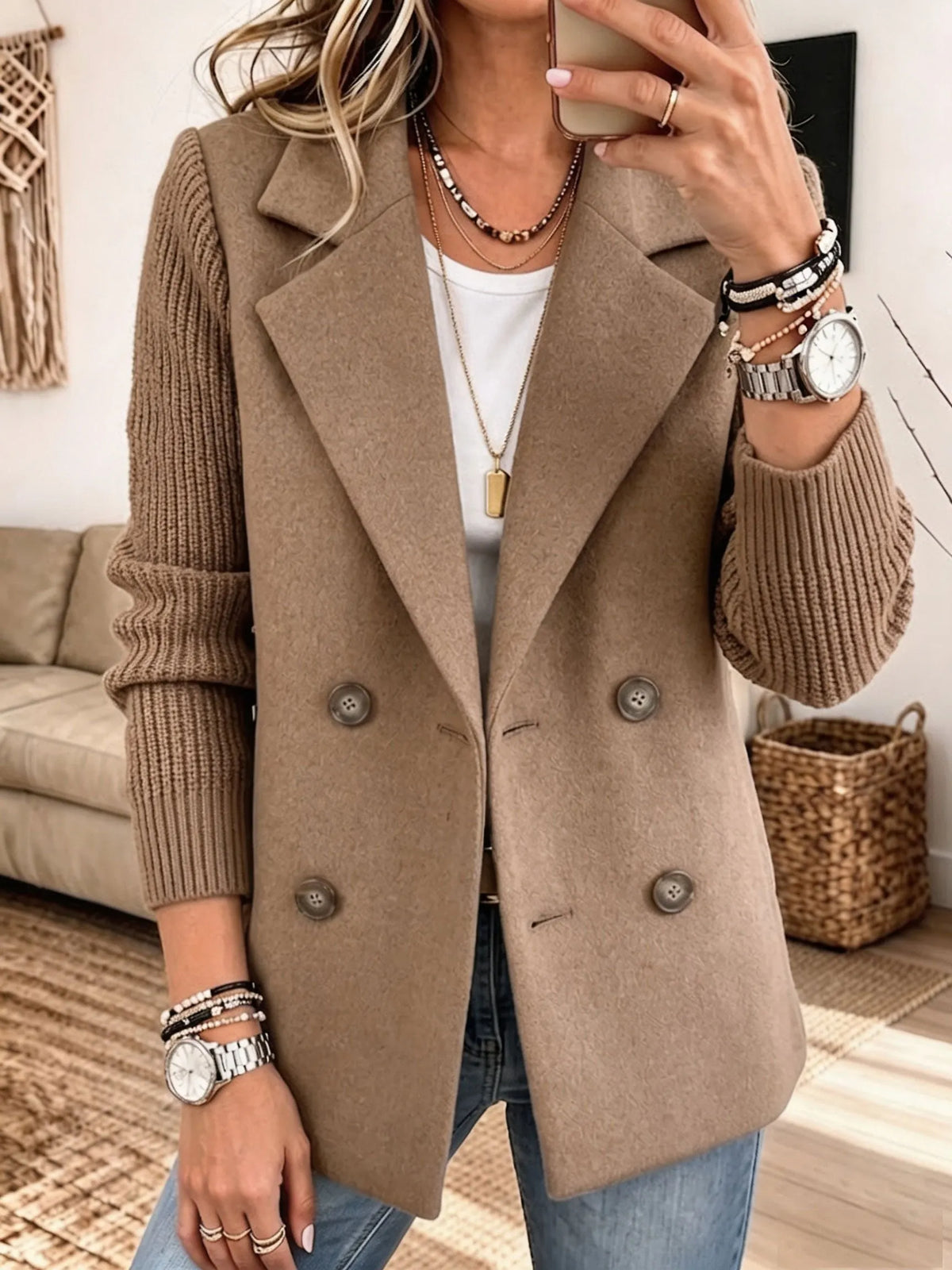 Blazer Elegante con Mangas de Punto - Caqui