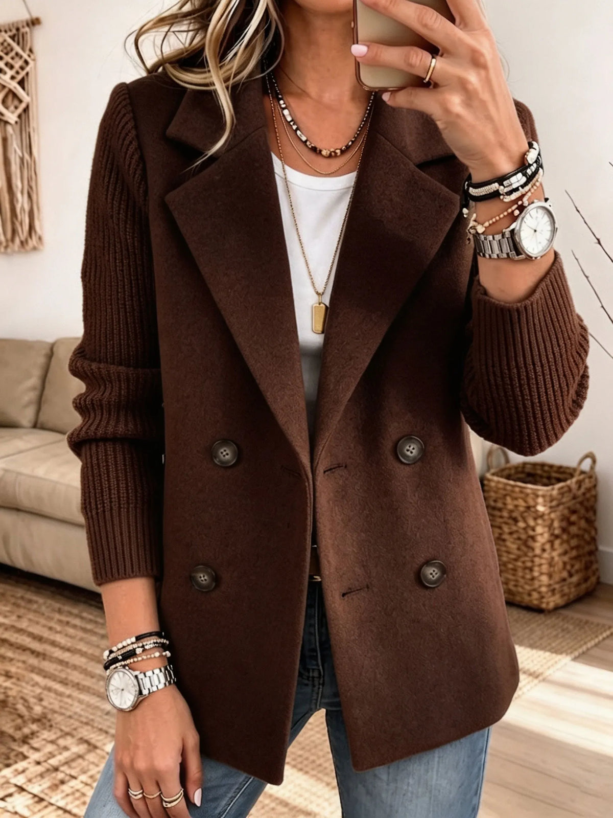Blazer Elegante con Mangas de Punto - Marrón