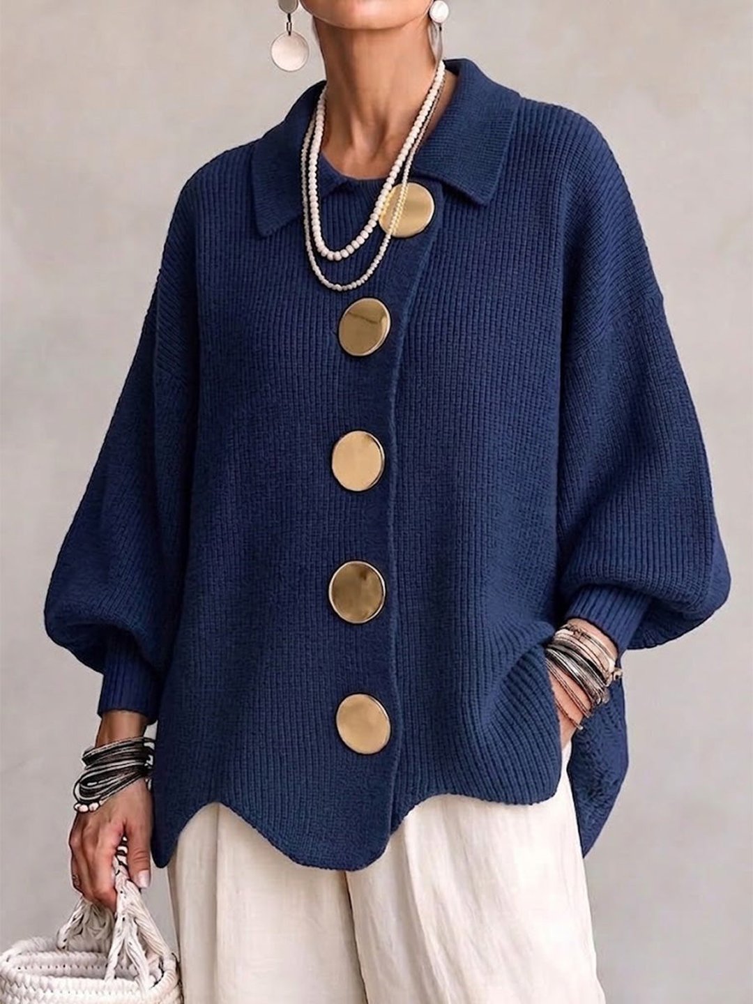 Cárdigan Oversize con Cuello y Botones Metálicos - Azul marino