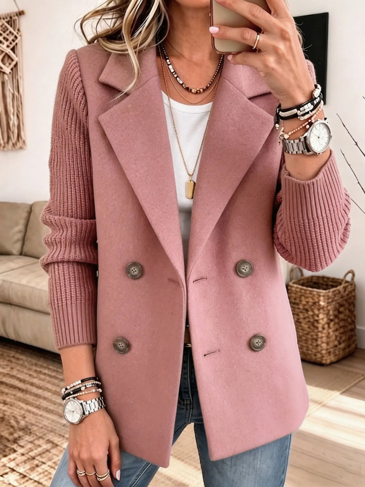 Blazer Elegante con Mangas de Punto - Rosa