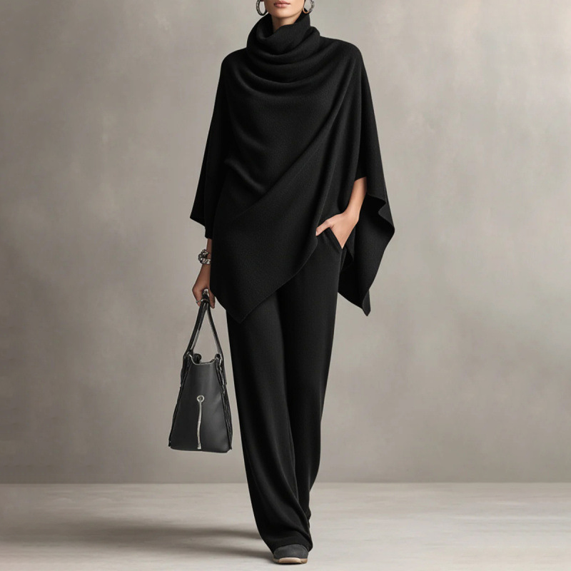 Conjunto de Mujer: Top Capa con Cuello Cascada y Pantalón de Pierna Ancha - Negro