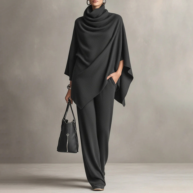 Conjunto de Mujer: Top Capa con Cuello Cascada y Pantalón de Pierna Ancha - Gris oscuro