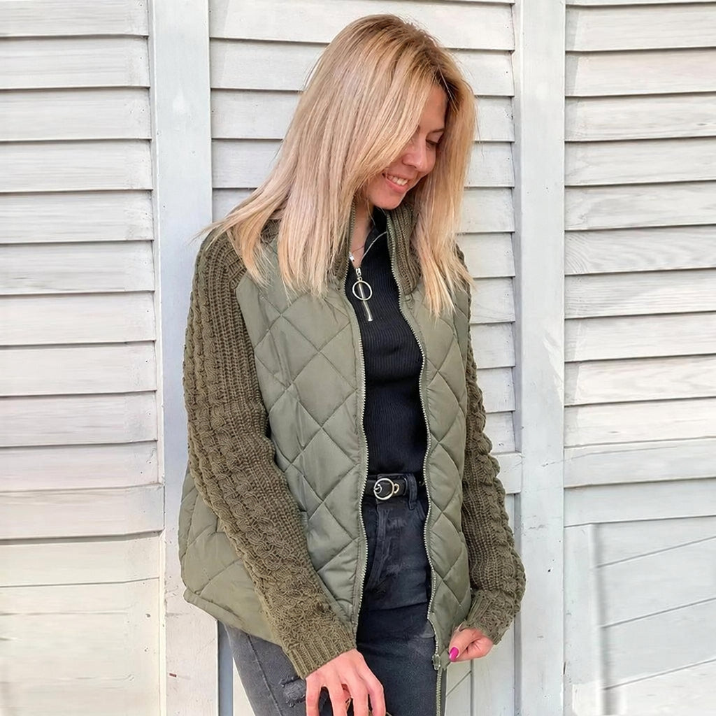 Chaqueta Acolchada de Punto Patchwork para Mujer - Verde oscuro