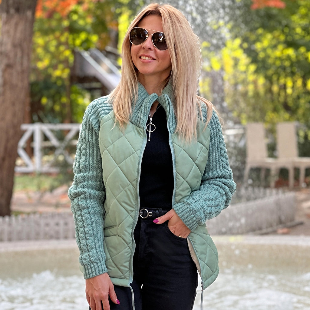 Chaqueta Acolchada de Punto Patchwork para Mujer - Verde claro