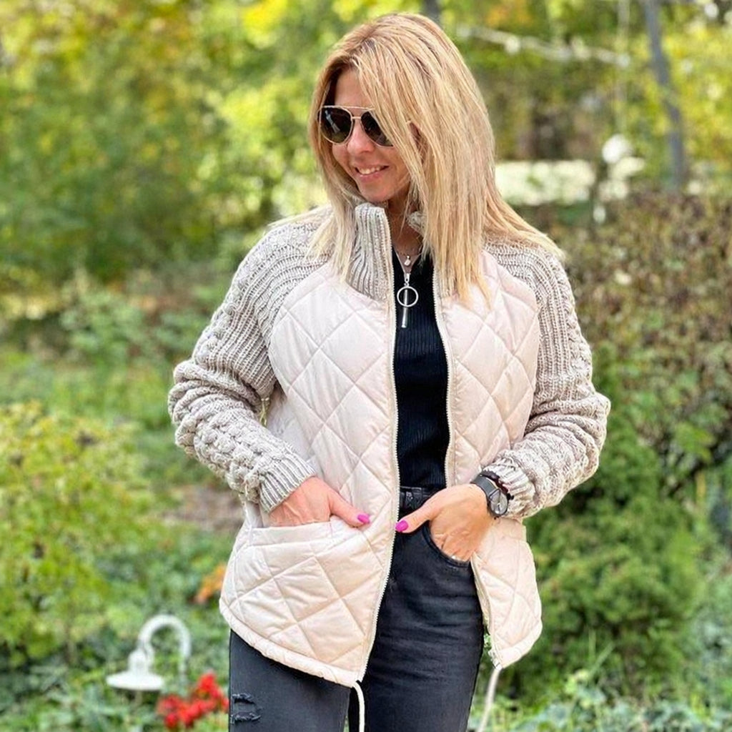 Chaqueta Acolchada de Punto Patchwork para Mujer - Caqui