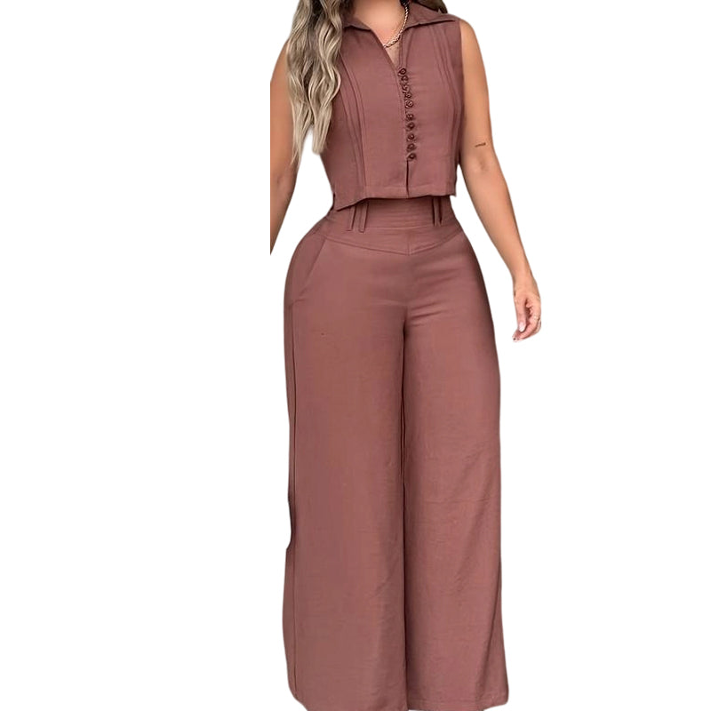 Conjunto de 2 Piezas con Top sin Mangas y Pantalón Ancho - Marrón rojizo