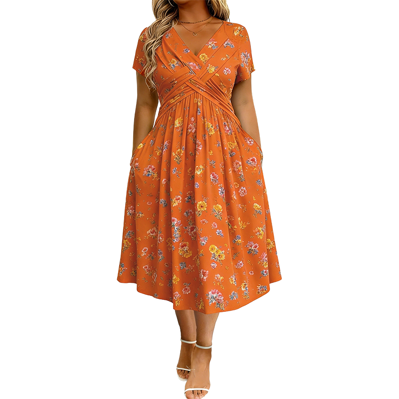 Vestido Floral con Escote en V y Detalle Cruzado en la Cintura - Naranja