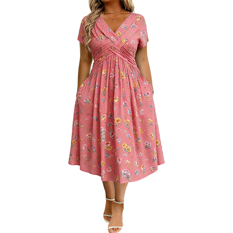 Vestido Floral con Escote en V y Detalle Cruzado en la Cintura - Rosa