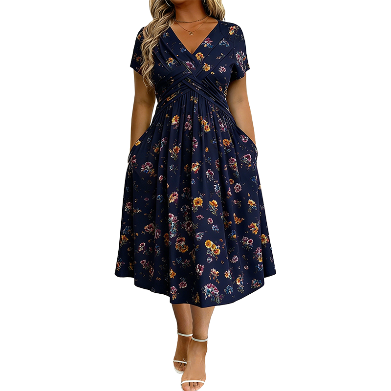Vestido Floral con Escote en V y Detalle Cruzado en la Cintura - Azul marino