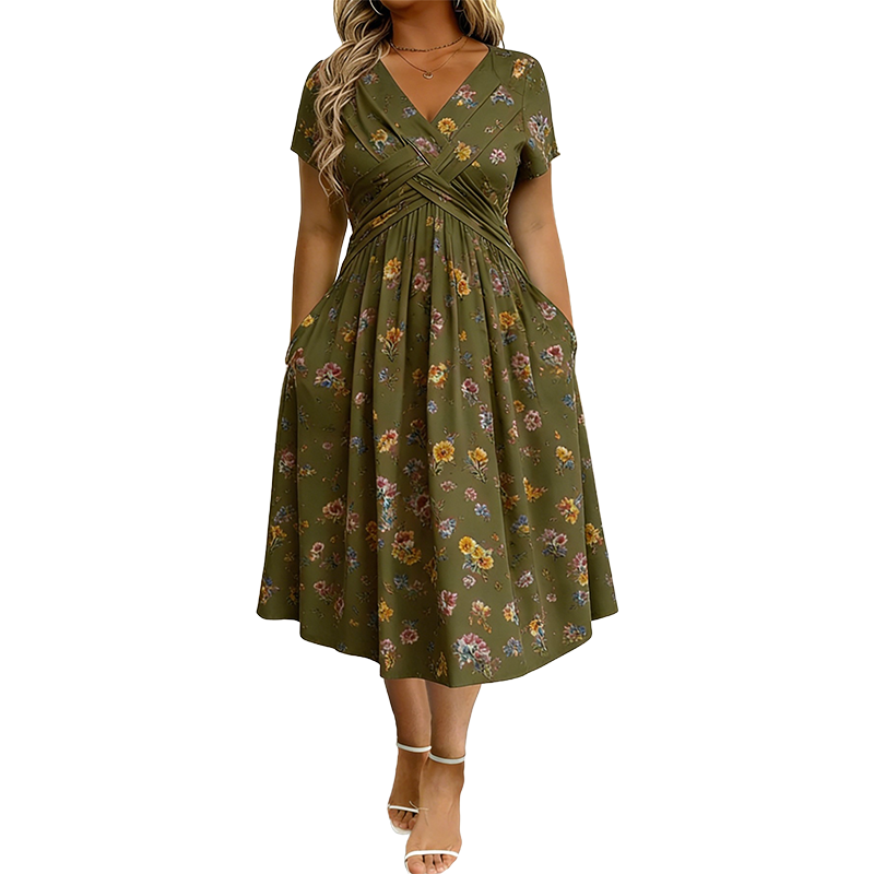 Vestido Floral con Escote en V y Detalle Cruzado en la Cintura - Verde oliva