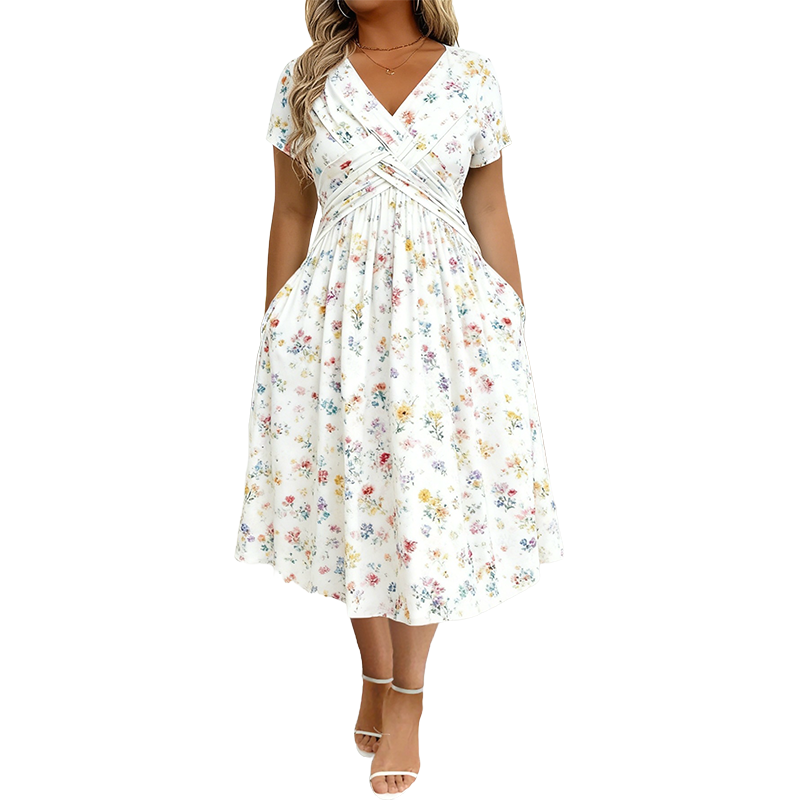 Vestido Floral con Escote en V y Detalle Cruzado en la Cintura - Blanco