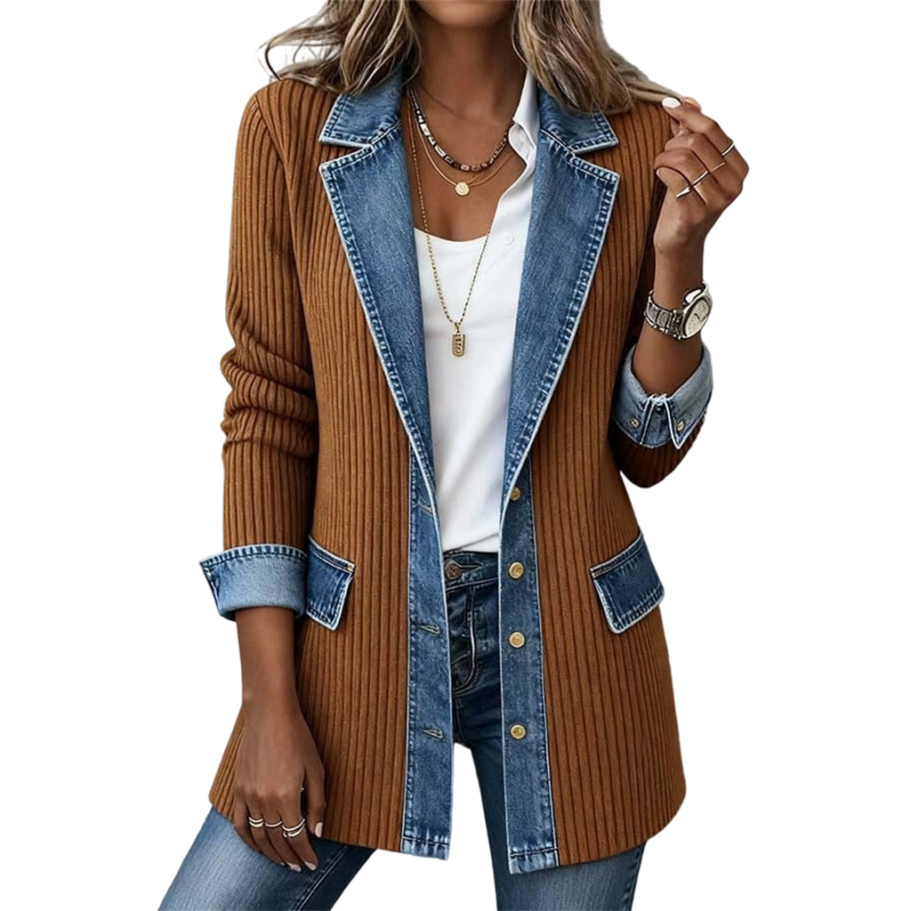 Abrigo Elegante de Denim con Inserto de Punto Canalé - Caqui