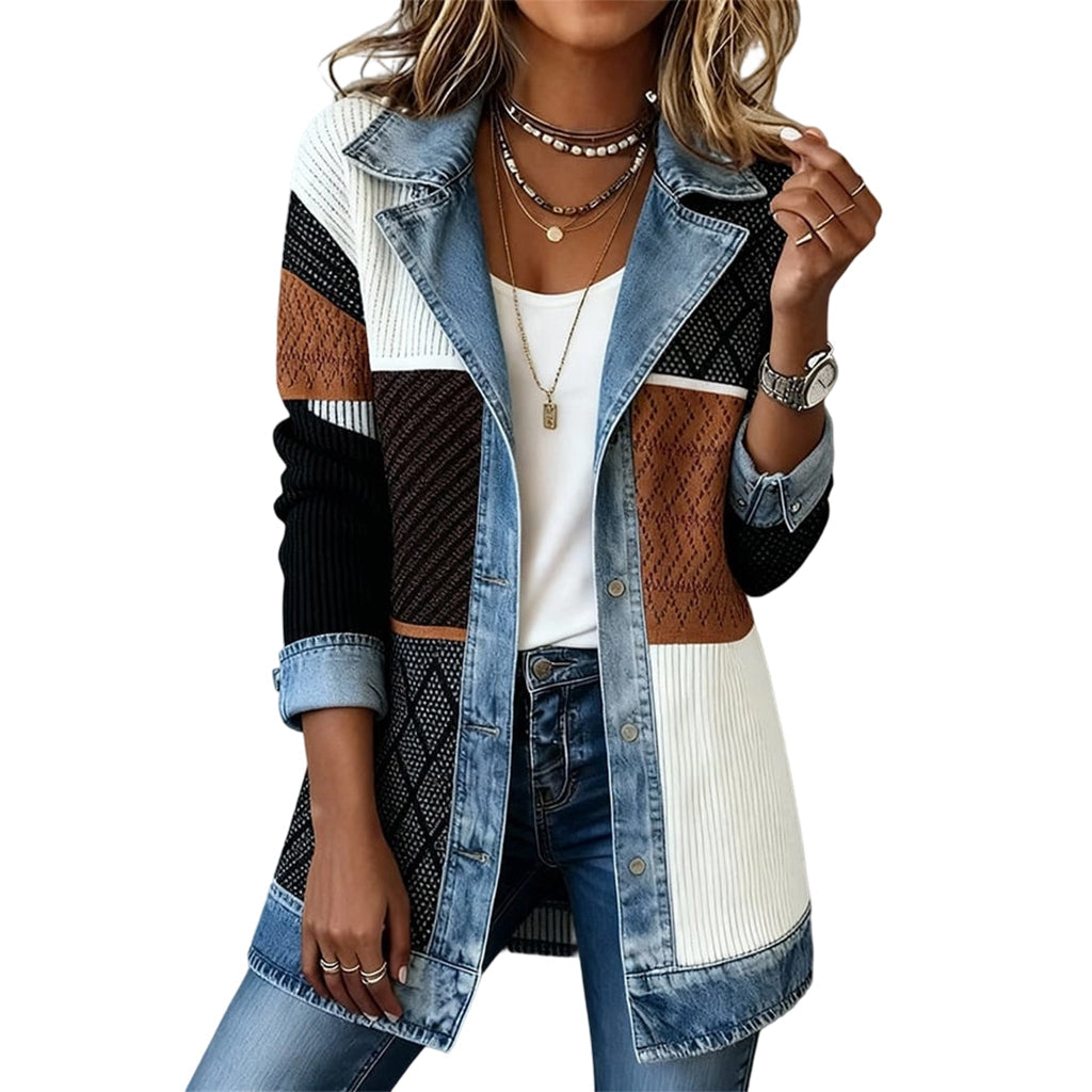 Abrigo Elegante de Denim con Inserto de Punto Canalé - Bloques de color