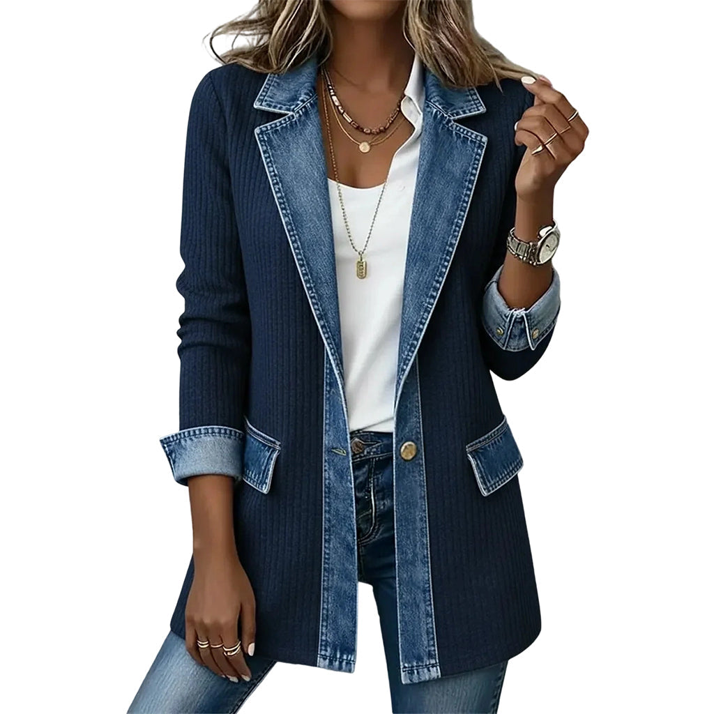 Abrigo Elegante de Denim con Inserto de Punto Canalé - Azul marino