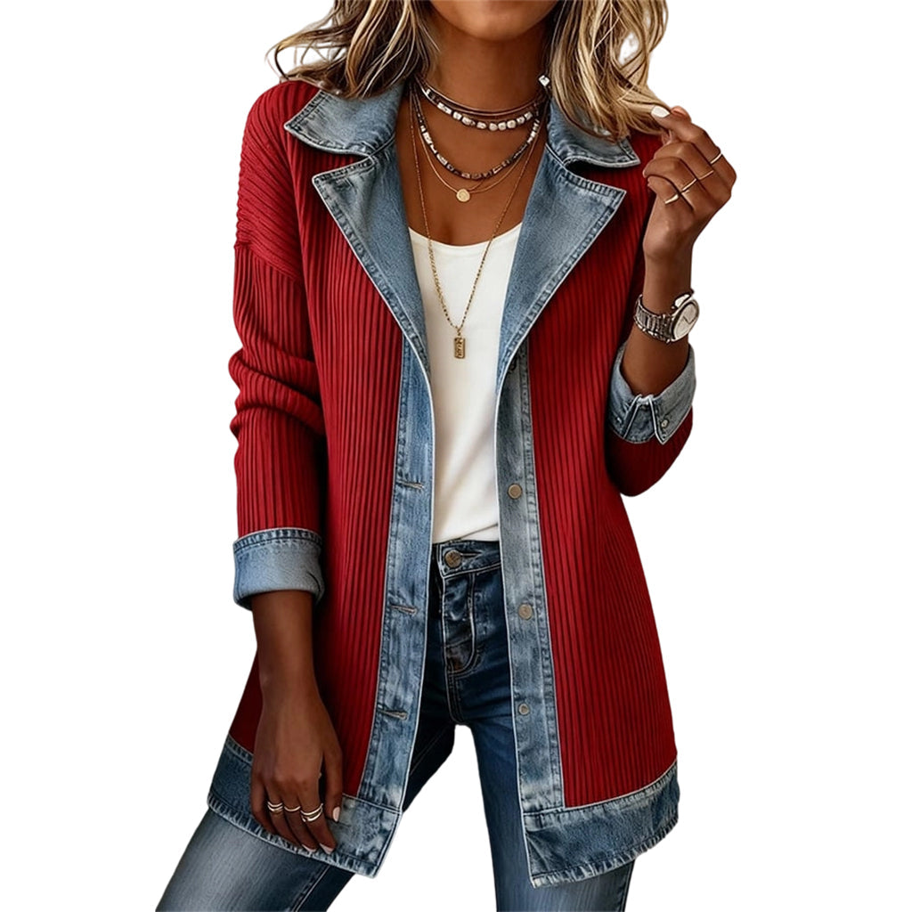 Abrigo Elegante de Denim con Inserto de Punto Canalé - Rojo