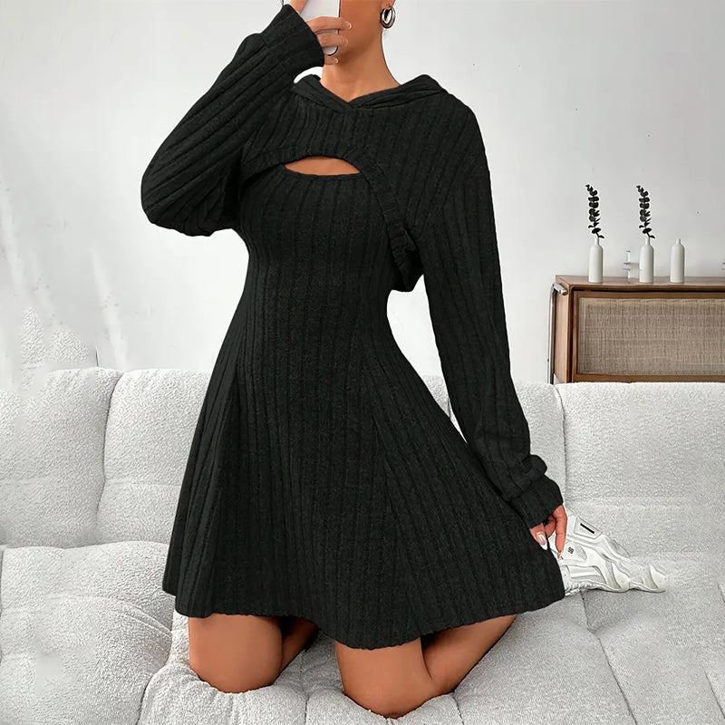 Conjunto de Punto Canalé de Dos Piezas para Mujer - Negro