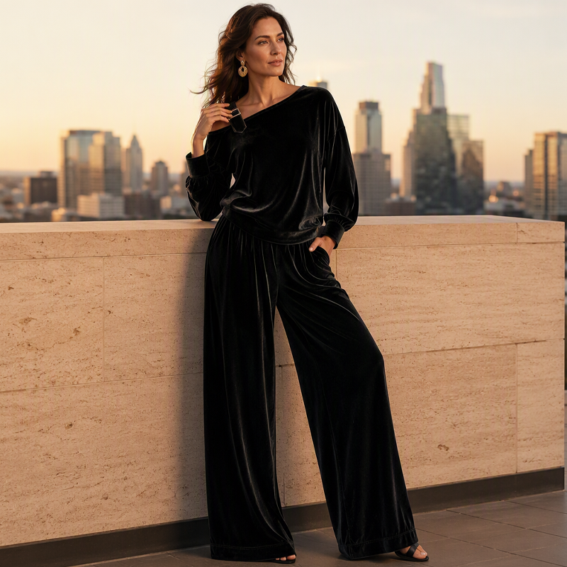Conjunto de Top con Hombro Descubierto y Pantalón de Pierna Ancha