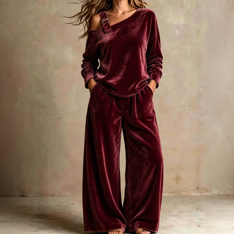 Conjunto de Top con Hombro Descubierto y Pantalón de Pierna Ancha - Burdeos
