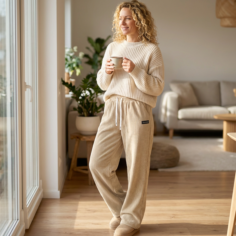 Pantalón de Pana de Pierna Ancha con Cordón para Mujer