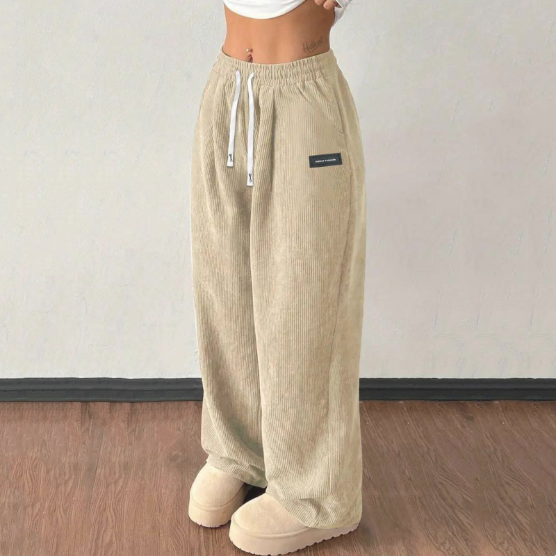 Pantalón de Pana de Pierna Ancha con Cordón para Mujer - Albaricoque