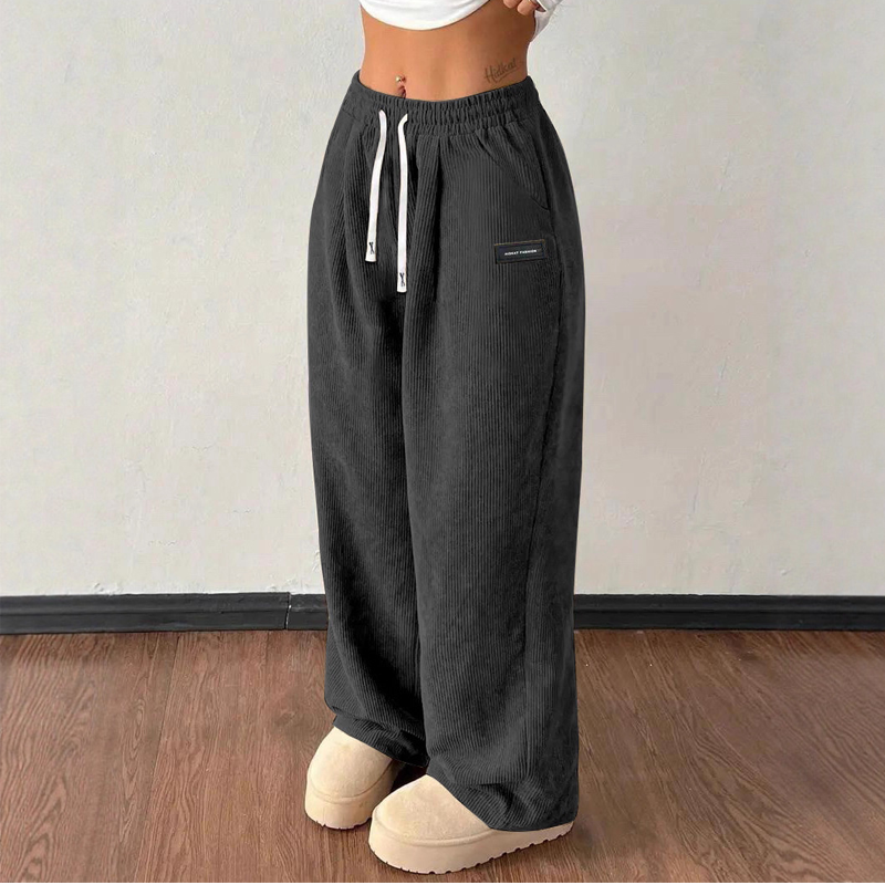 Pantalón de Pana de Pierna Ancha con Cordón para Mujer - Gris oscuro