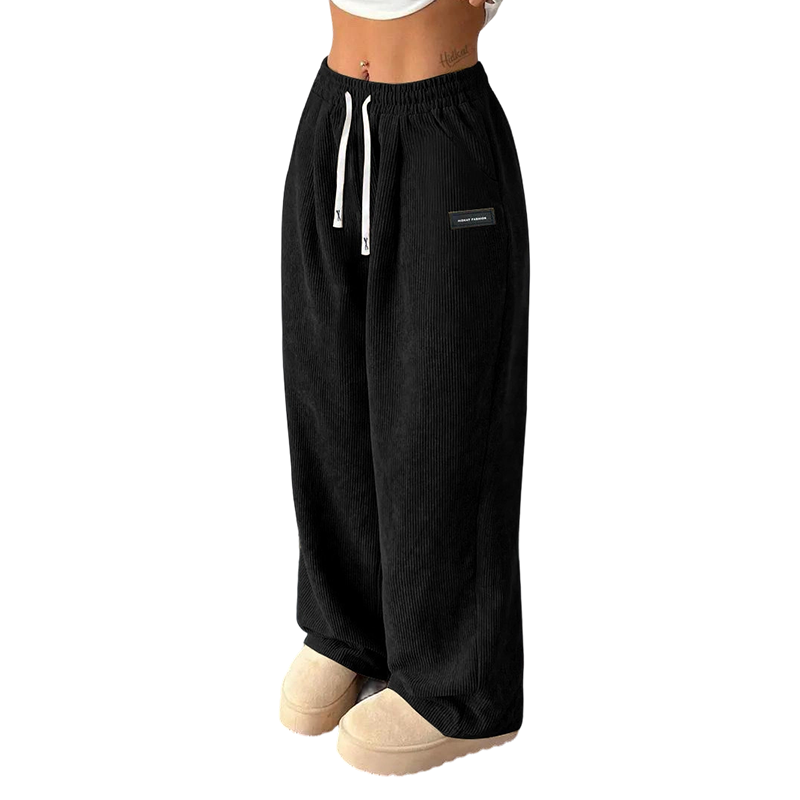 Pantalón de Pana de Pierna Ancha con Cordón para Mujer - Negro