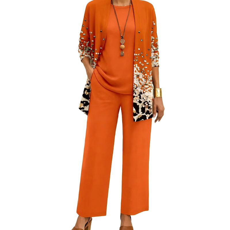Conjunto Elegante Estampado de 3 Piezas para Mujer - Naranja 1