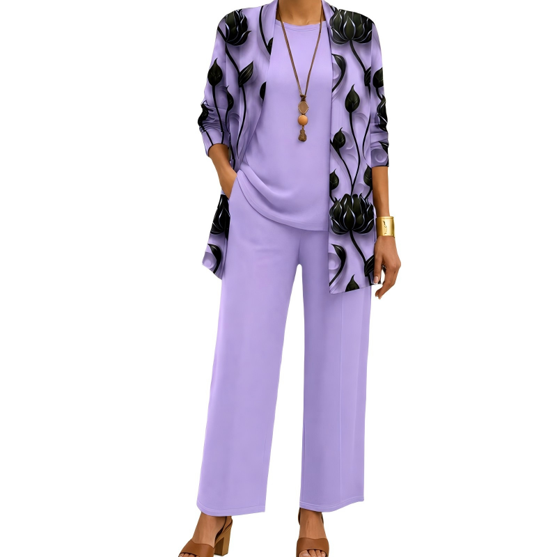 Conjunto Elegante Estampado de 3 Piezas para Mujer - Lila claro