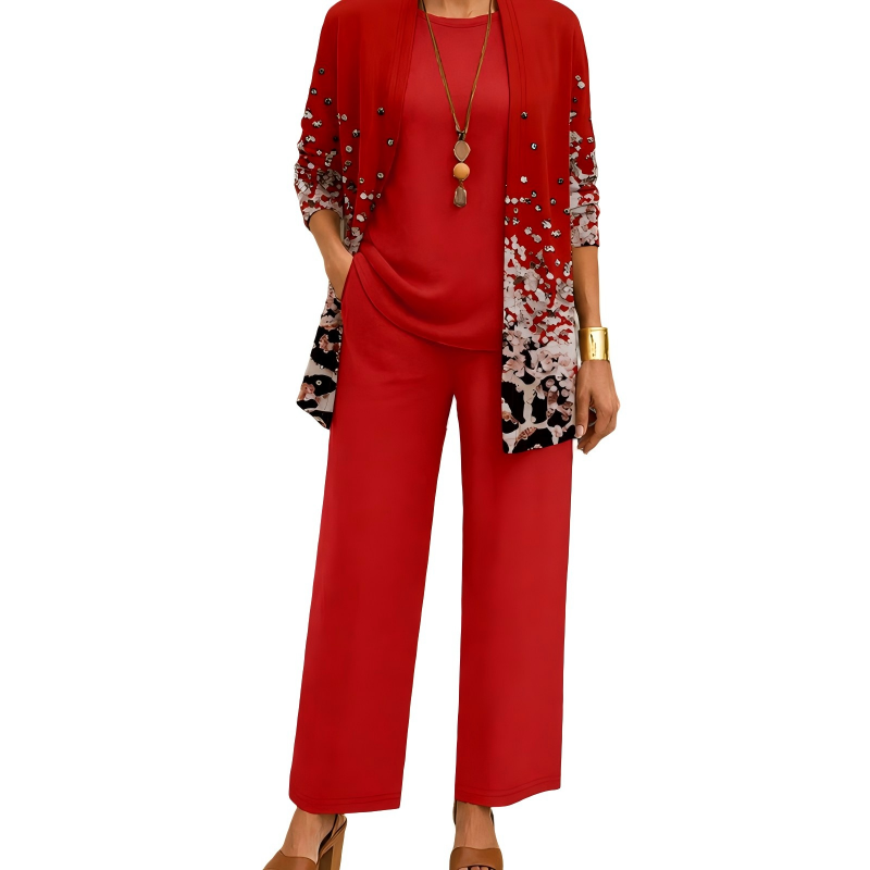 Conjunto Elegante Estampado de 3 Piezas para Mujer - Rojo