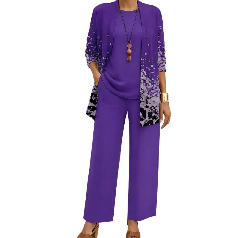 Conjunto Elegante Estampado de 3 Piezas para Mujer - Lila oscuro