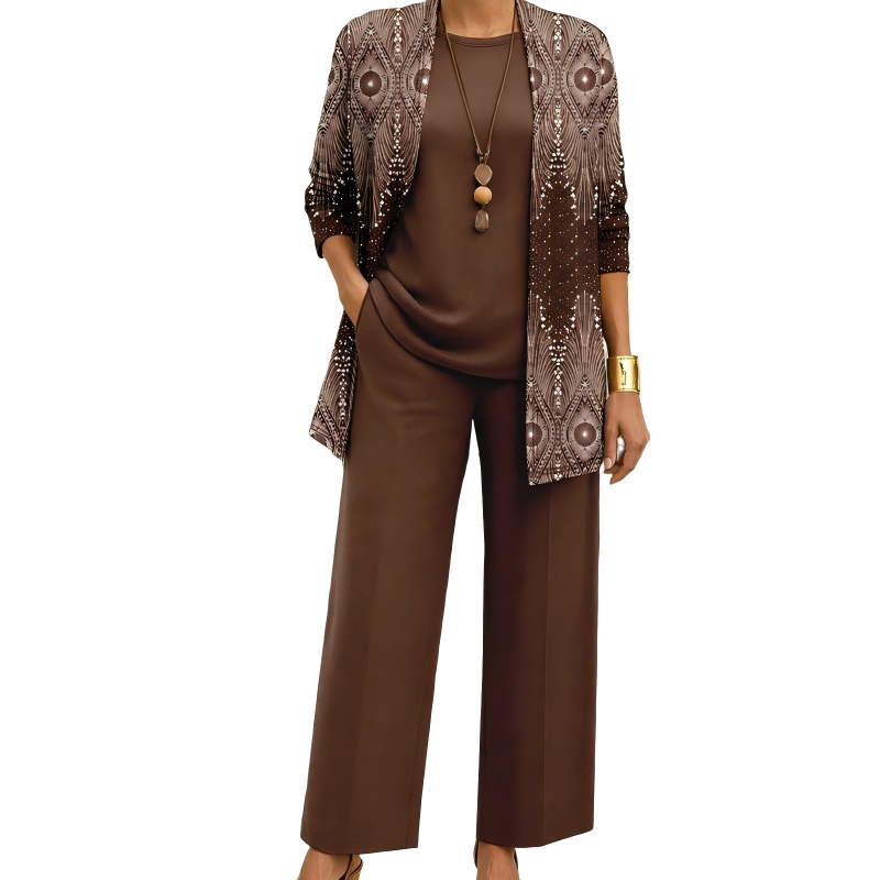 Conjunto Elegante Estampado de 3 Piezas para Mujer - Marrón