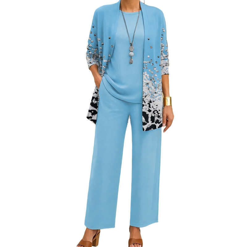 Conjunto Elegante Estampado de 3 Piezas para Mujer - Azul