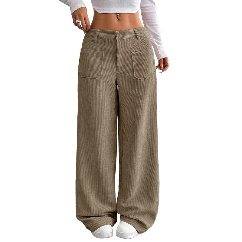 Pantalón Ancho Casual de Corte Relajado para Mujer - Caqui