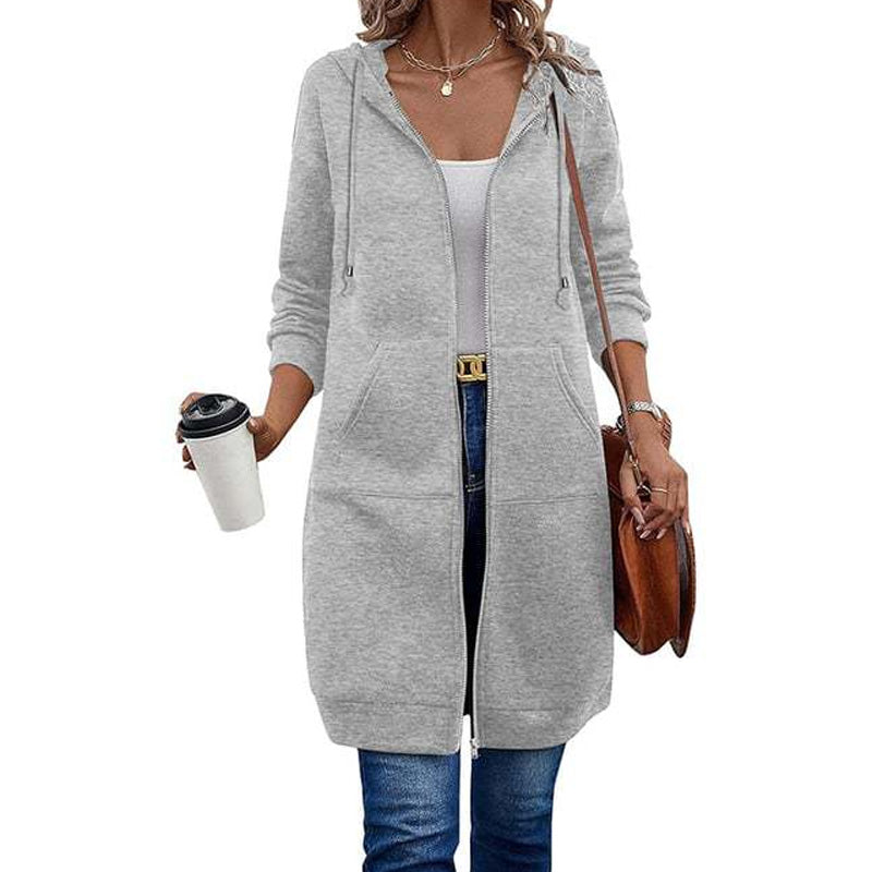 Chaqueta Larga con Capucha, Cremallera y Bolsillos para Mujer - Gris claro