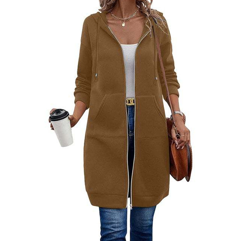 Chaqueta Larga con Capucha, Cremallera y Bolsillos para Mujer - Marrón claro