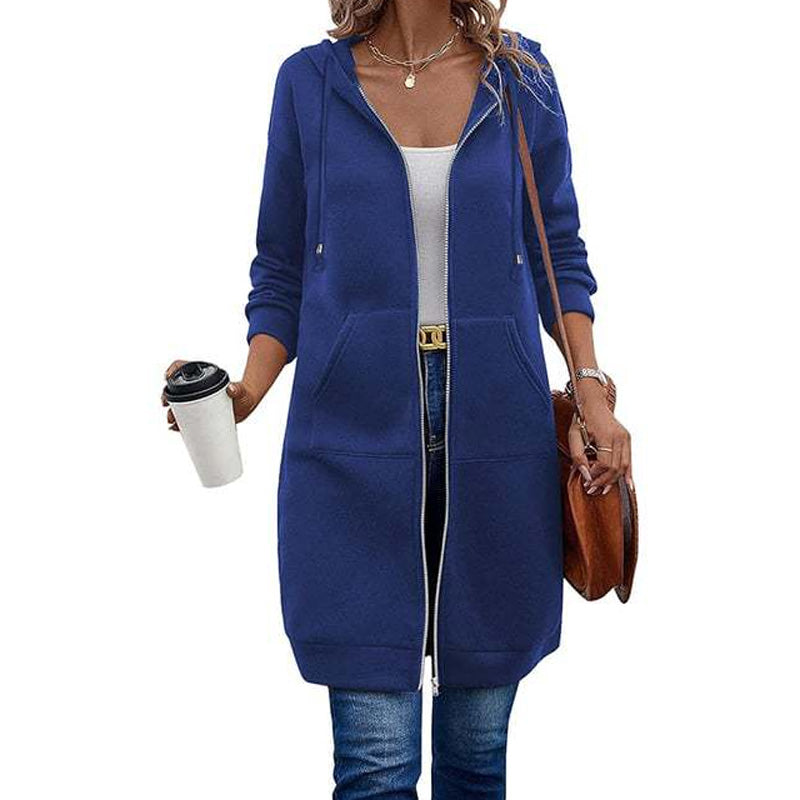 Chaqueta Larga con Capucha, Cremallera y Bolsillos para Mujer - Azul oscuro