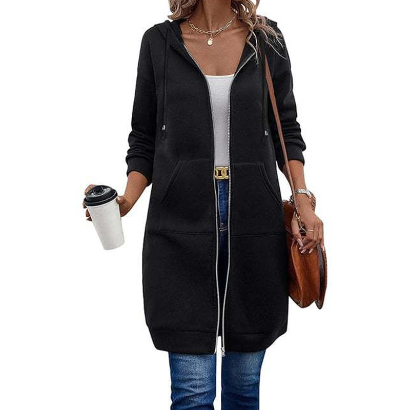 Chaqueta Larga con Capucha, Cremallera y Bolsillos para Mujer - Negro
