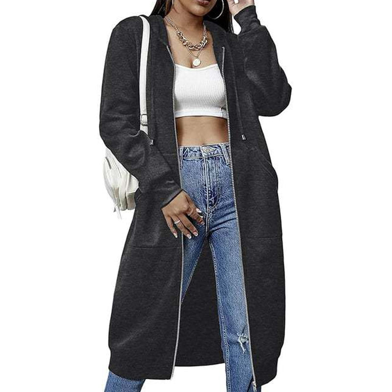 Chaqueta Larga con Capucha, Cremallera y Bolsillos para Mujer - Gris oscuro
